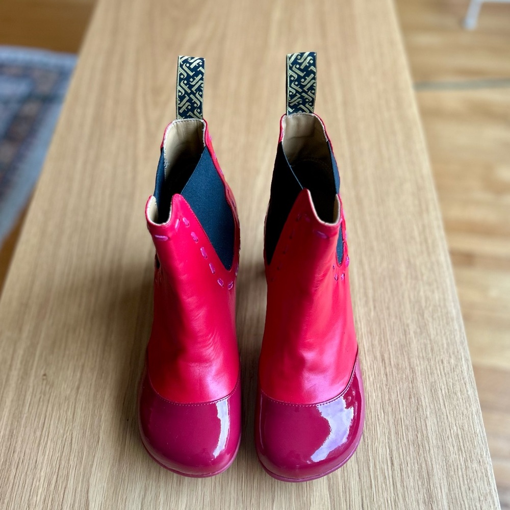 John Fluevog Red Ankle Booties with Glossy Finish